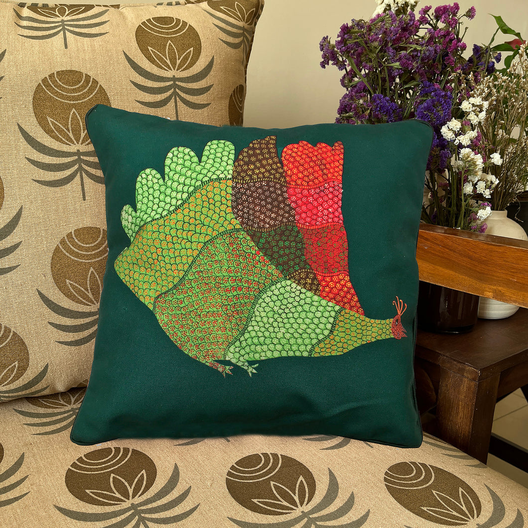 Art Cushion Cover - Gond Peahen, Madhya Pradesh
