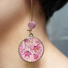Load image into Gallery viewer, Hoop Earrings with ceramic bead - Pink Magnolia, Painted Flowers