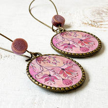 Load image into Gallery viewer, Hoop Earrings with ceramic bead - Pink Magnolia, Painted Flowers