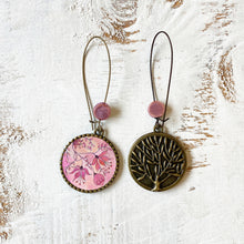 Load image into Gallery viewer, Hoop Earrings with ceramic bead - Pink Magnolia, Painted Flowers