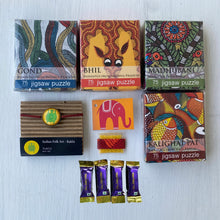 Load image into Gallery viewer, Rakhi Gift Hampers - Folk Art - Rakhi with Jigsaw Puzzle set of 4