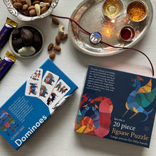 Load image into Gallery viewer, Rakhi Gift Hampers - Gond Art - Rakhi with Jigsaw Puzzle and Dominoes