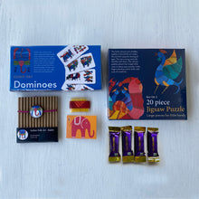 Load image into Gallery viewer, Rakhi Gift Hampers - Gond Art - Rakhi with Jigsaw Puzzle and Dominoes