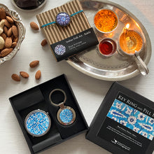 Load image into Gallery viewer, Rakhi Gift Hampers- Blue Pottery - Rakhi with Pill Box and Key Ring