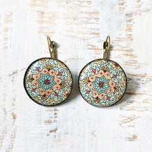 Load image into Gallery viewer, 25 mm Round Lever Back - Kashmiri Papier Mache Blue Centre