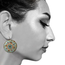 Load image into Gallery viewer, 25 mm Round Lever Back - Kashmiri Papier Mache Blue Centre