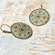 Load image into Gallery viewer, 25 mm Round Lever Back - Kashmiri Papier Mache Blue Centre