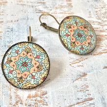 Load image into Gallery viewer, 25 mm Round Lever Back - Kashmiri Papier Mache Blue Centre