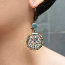 Load image into Gallery viewer, Hoop Earrings with ceramic bead - Turquois Inlaid Medallion, Jahangir Mahal, Orchcha