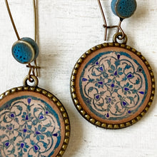 Load image into Gallery viewer, Hoop Earrings with ceramic bead - Turquois Inlaid Medallion, Jahangir Mahal, Orchcha