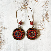 Load image into Gallery viewer, Hoop Earrings with ceramic bead - Ajrakh, Red, Block Print, Gujarat