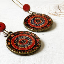 Load image into Gallery viewer, Hoop Earrings with ceramic bead - Ajrakh, Red, Block Print, Gujarat
