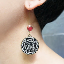 Load image into Gallery viewer, Hoop Earrings with ceramic bead - Hand Carved Block, Detail