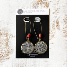 Load image into Gallery viewer, Hoop Earrings with ceramic bead - Hand Carved Block, Detail