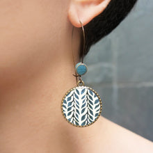 Load image into Gallery viewer, Hoop Earrings with ceramic bead - Blue Vines - Batik On Silk