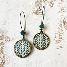 Load image into Gallery viewer, Hoop Earrings with ceramic bead - Blue Vines - Batik On Silk