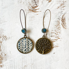 Load image into Gallery viewer, Hoop Earrings with ceramic bead - Blue Vines - Batik On Silk