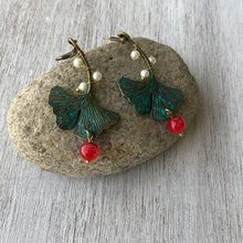 Load image into Gallery viewer, Earrings - Gingko Leaf - Dragons Blood Stone And Pearls