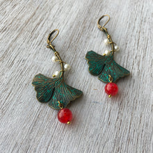Load image into Gallery viewer, Earrings - Gingko Leaf - Dragons Blood Stone And Pearls