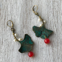 Load image into Gallery viewer, Earrings - Gingko Leaf - Dragons Blood Stone And Pearls