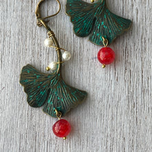 Load image into Gallery viewer, Earrings - Gingko Leaf - Dragons Blood Stone And Pearls