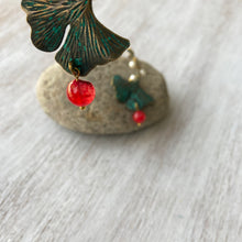Load image into Gallery viewer, Earrings - Gingko Leaf - Dragons Blood Stone And Pearls