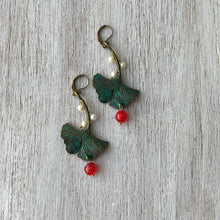 Load image into Gallery viewer, Earrings - Gingko Leaf - Dragons Blood Stone And Pearls