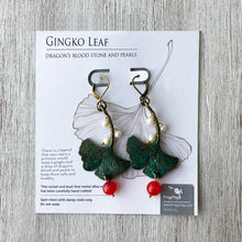 Load image into Gallery viewer, Earrings - Gingko Leaf - Dragons Blood Stone And Pearls