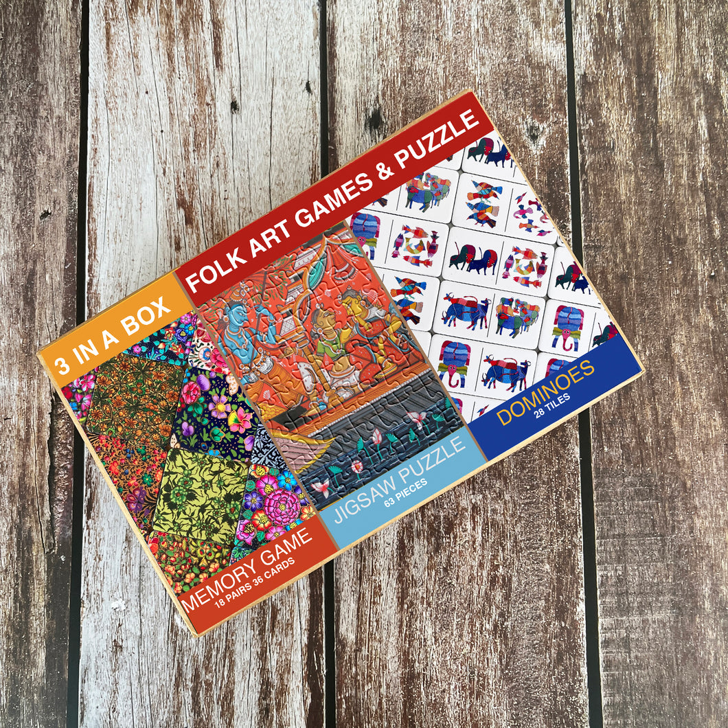 3 in One Box - Naqashi Memory Game  | Patachitra Jigsaw Puzzle | Gond Dominoes