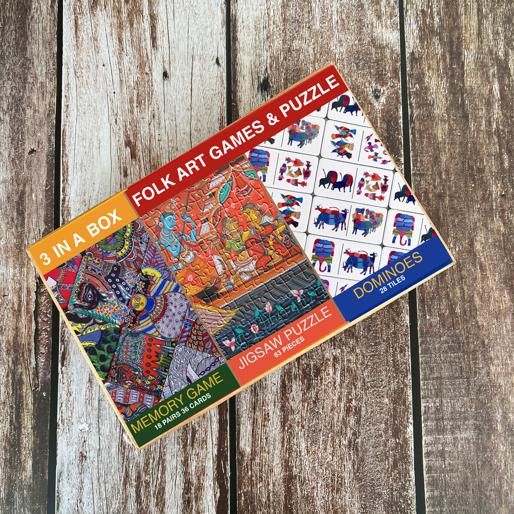 3 in One Box -Madhubani Memory Game  | Patachitra Jigsaw Puzzle | Gond Dominoes