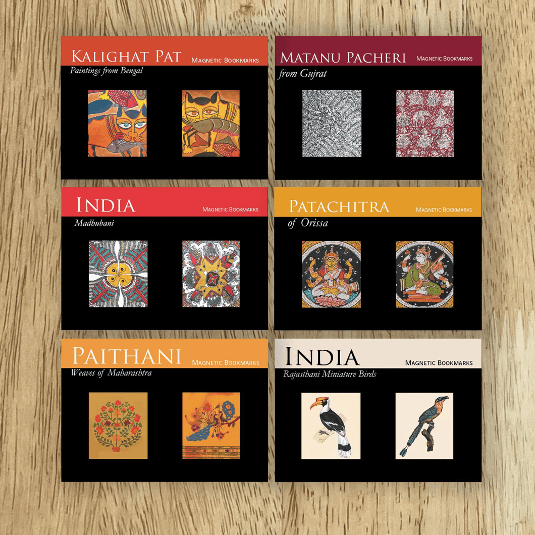 Magnetic Bookmarks set of 2, Bundle of 6 - Folk art - Kalighat pat, Paithani, Miniature birds, Matini Pachedi, Madhubani, Patachitra Saraswati and Lakshmi