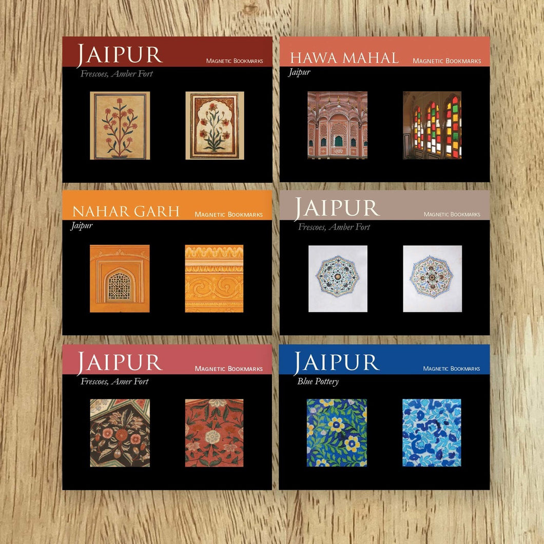 Magnetic Bookmarks set of 2, Bundle of 6 - Jaipur- Nahargarh yellow, Hawa Mahal Windows, Nahargarh yellow, Hawa Mahal Windows, Nahargarh, Amer Fort Wall, Amer Fort Celling, Blue Pottery