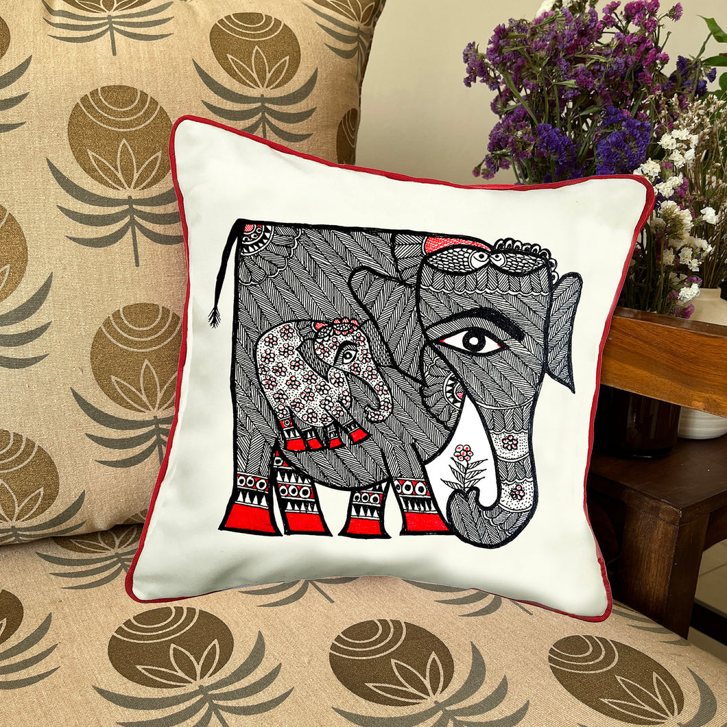 Art Cushion Cover - Madhubani Elephant, Bihar