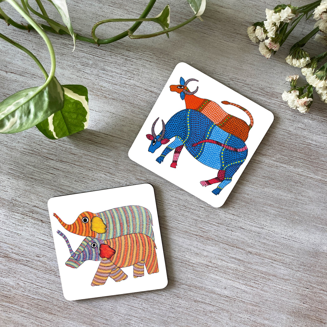 Coasters set of 2 - Gond Elephants and Cows