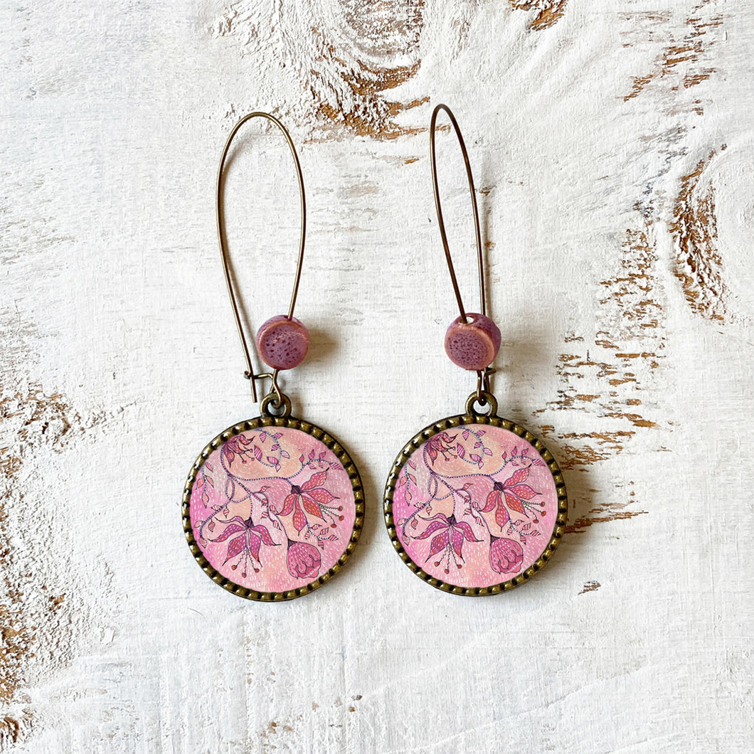 Hoop Earrings with ceramic bead - Pink Magnolia, Painted Flowers