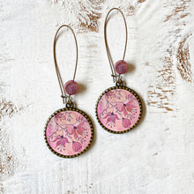 Load image into Gallery viewer, Hoop Earrings with ceramic bead - Pink Magnolia, Painted Flowers
