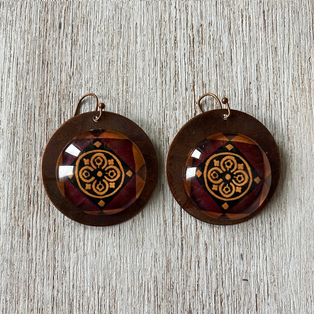 Round Copper Earrings with Glass - Mumbai Mintons - Flower in circle