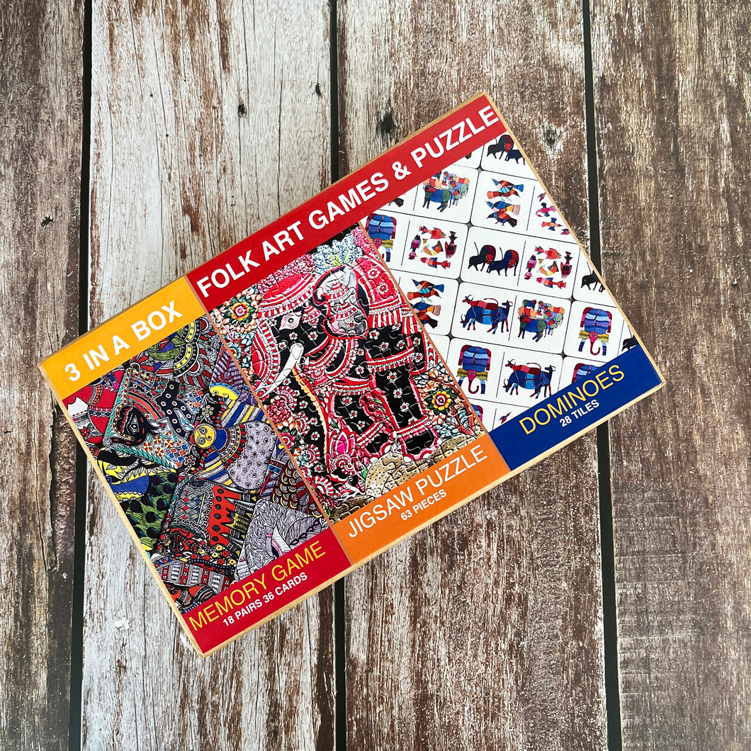 3 in One Box - Madhubani Memory Game  | Tholubomalatta Jigsaw Puzzle | Gond Dominoes
