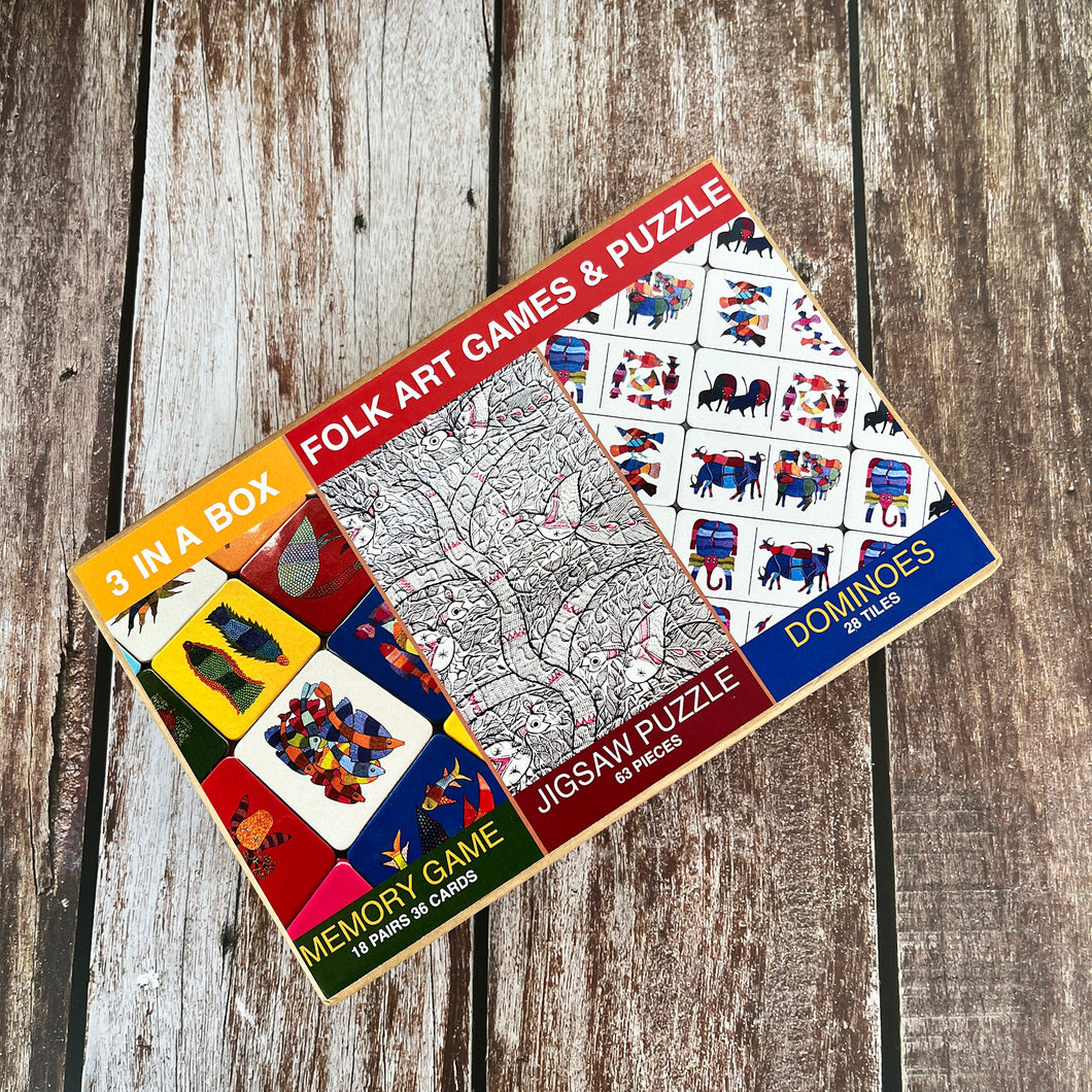 3 in One Box - Gond Memory Game  | Madhubani Jigsaw Puzzle | Gond Dominoes
