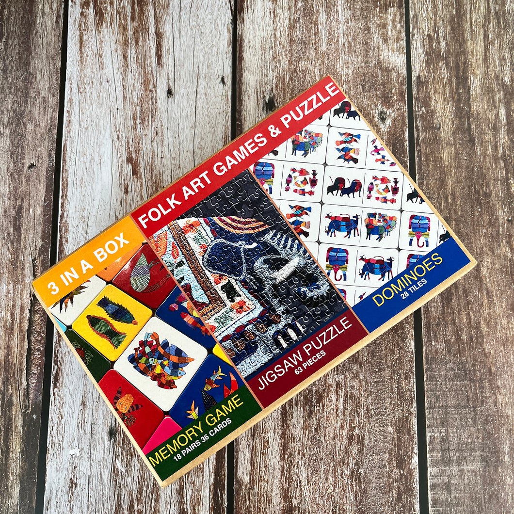 3 in One Box - Gond Memory Game  | Kashida Jigsaw Puzzle | Gond Dominoes