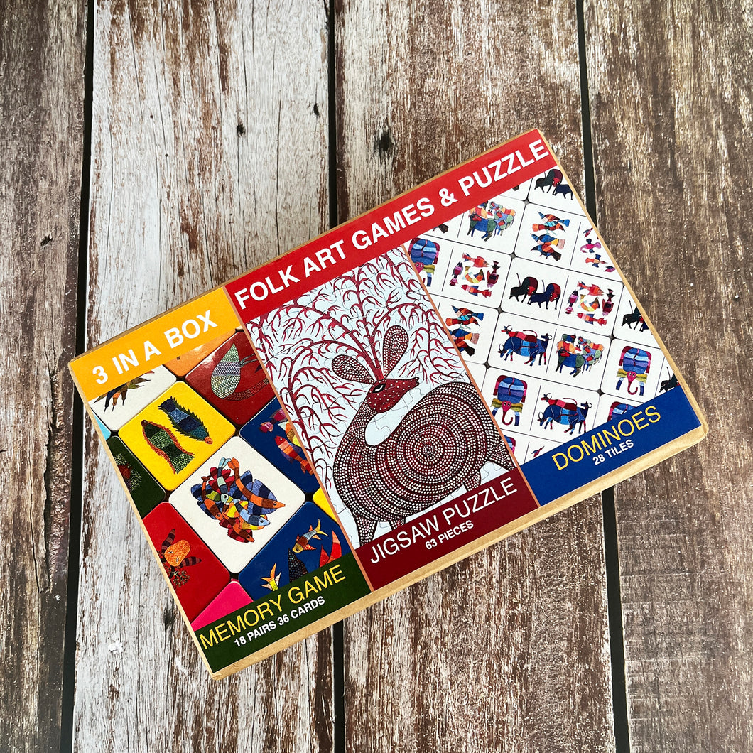 3 in One Box -Gond Memory Game  | Bhil Jigsaw Puzzle | Gond Dominoes
