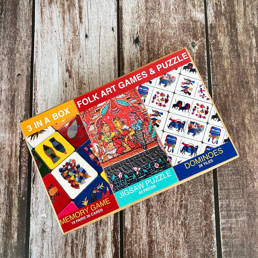 3 in One Box - Gond Memory Game  | Patachitra Jigsaw Puzzle | Gond Dominoes