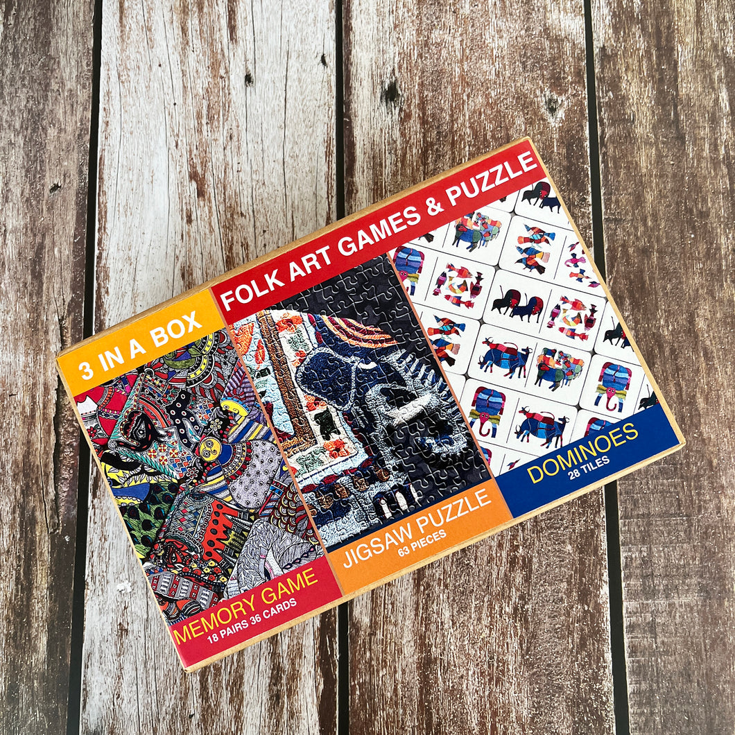 3 in One Box - Madhubani Memory Game  | Kashida Jigsaw Puzzle | Gond Dominoes
