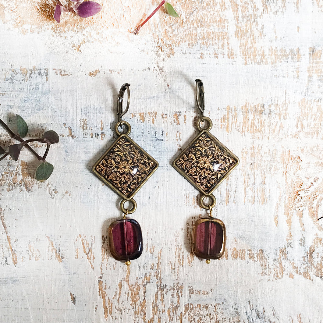 Hanging Earrings with Bead - Gold Leaf, Painted Medallion Kashmir