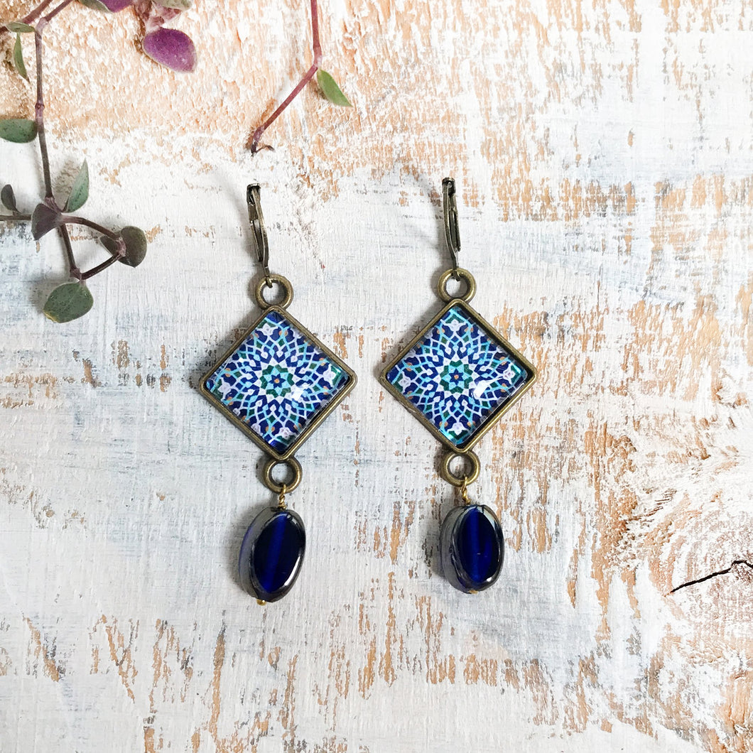 Hanging Earrings with Bead - Mosaic Islamic Pattern Blue