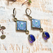 Load image into Gallery viewer, Hanging Earrings with Bead - Mosaic Islamic Pattern Blue

