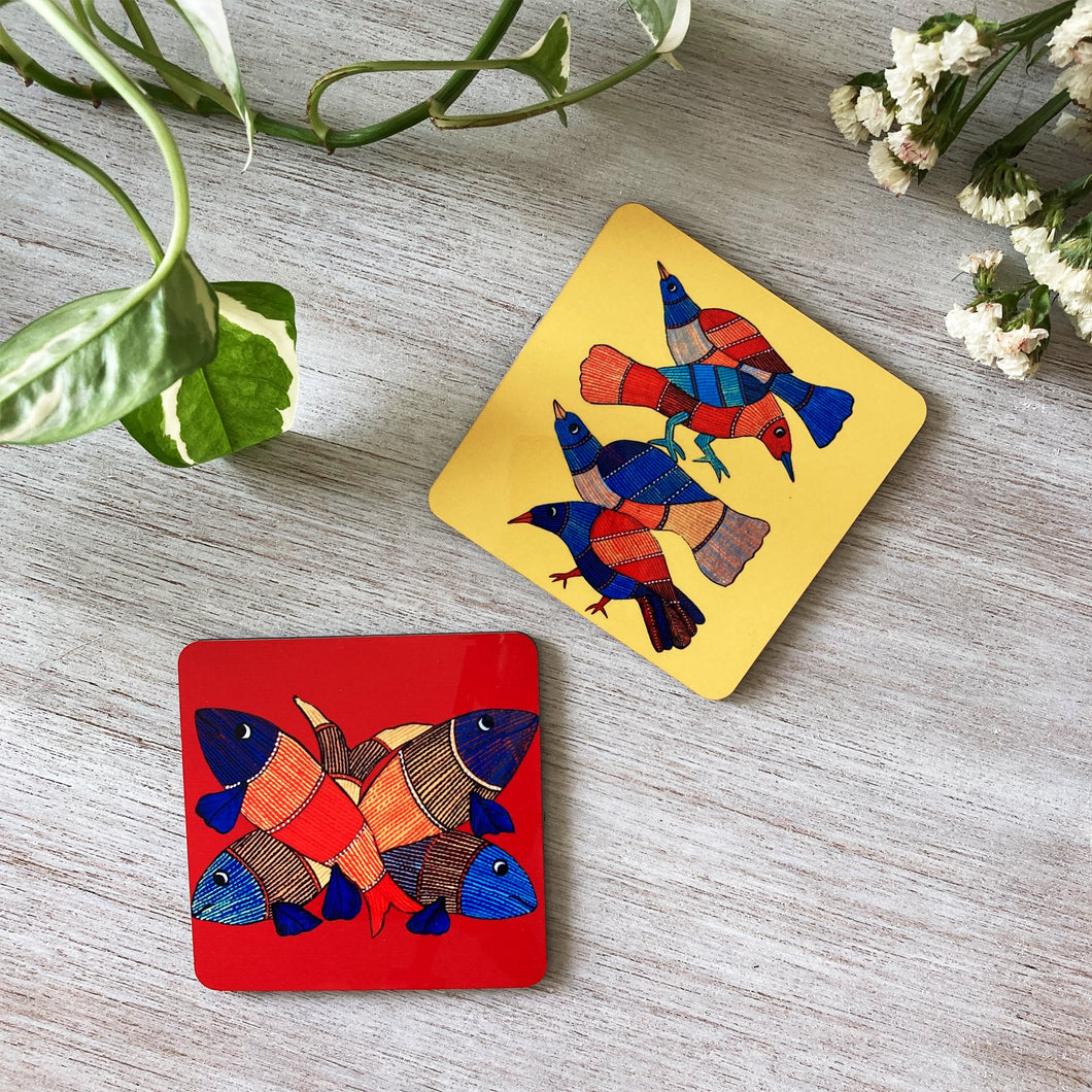 Coasters set of 2 - Gond Fish and Bird