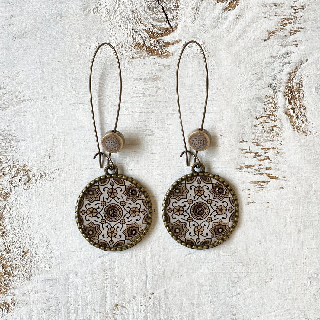 Hoop Earrings  with ceramic bead - Ajrakh, Block Print, Brown, Gujarat