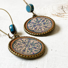 Load image into Gallery viewer, Hoop Earrings with ceramic bead - Turquois Inlaid Medallion, Jahangir Mahal, Orchcha
