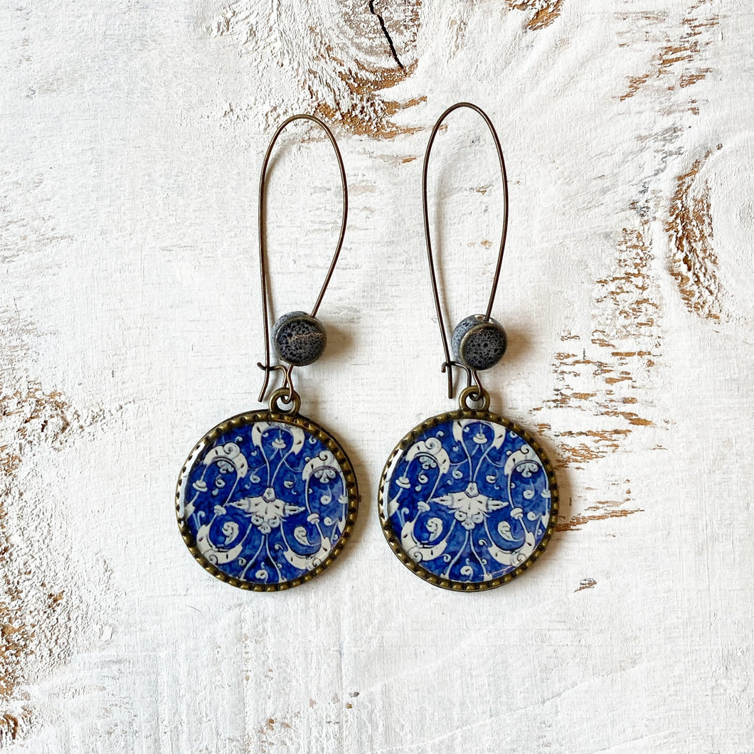 Hoop Earrings  with ceramic bead - Mughal Ceramic Platter, Blue